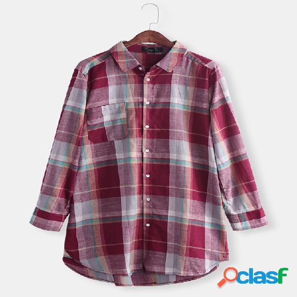 Casual Plaid Pocket manga comprida Camisa para mulheres