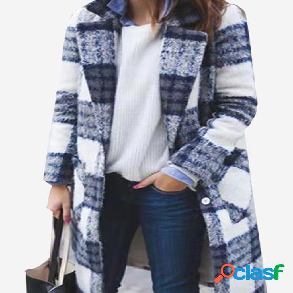 Casual Plaid Turn-down-collar Manga comprida Casaco de