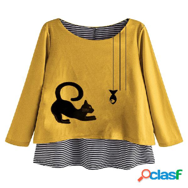 Casual Print Cat Fish Tripulação Pescoço Patch Blusa
