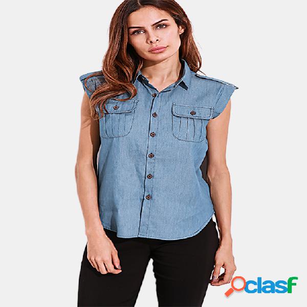 Casual Turn-Down colar mangas bolso denim Top para mulheres