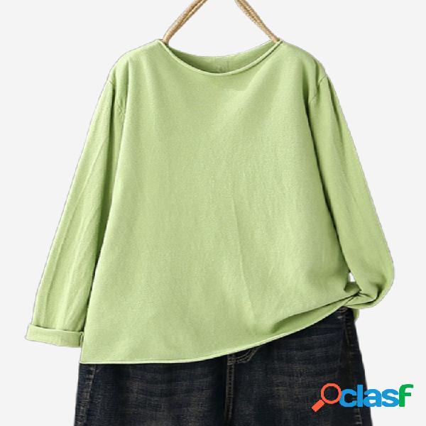 Casual cor sólida gola manga comprida malha camisola