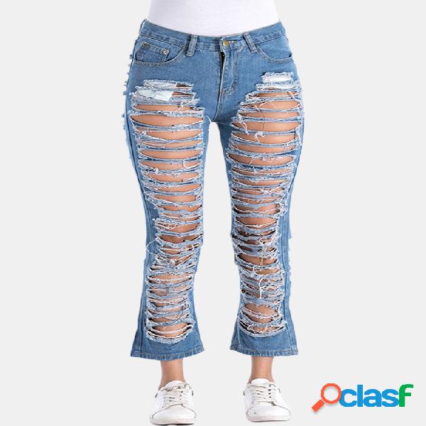 Casual de cor pura oco rasgado Jeans