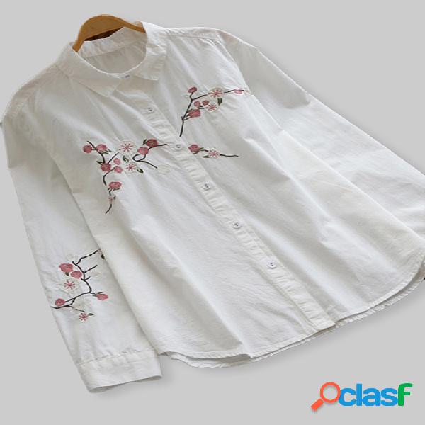 Casual lapela bordada camisas de manga longa para as