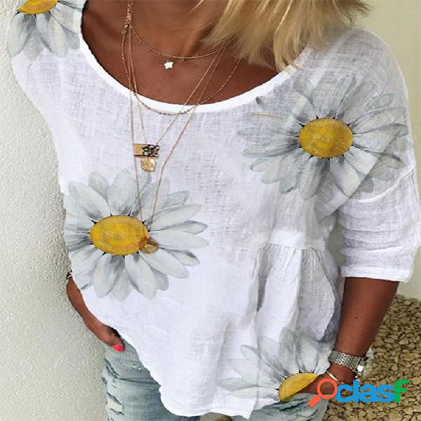 Chrysanthemum Floral Print manga comprida blusa casual para