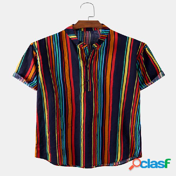 Colorful Mens listrado impressão manga curta luz Henley