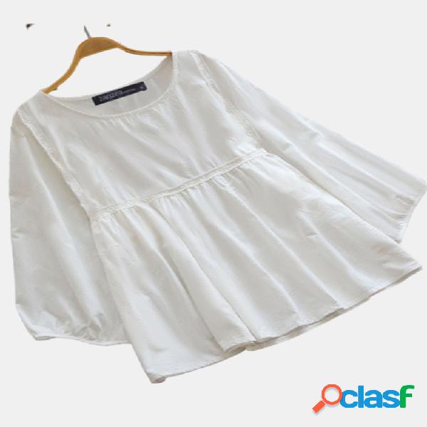 Cor sólida bolha manga Plus blusa de tamanho