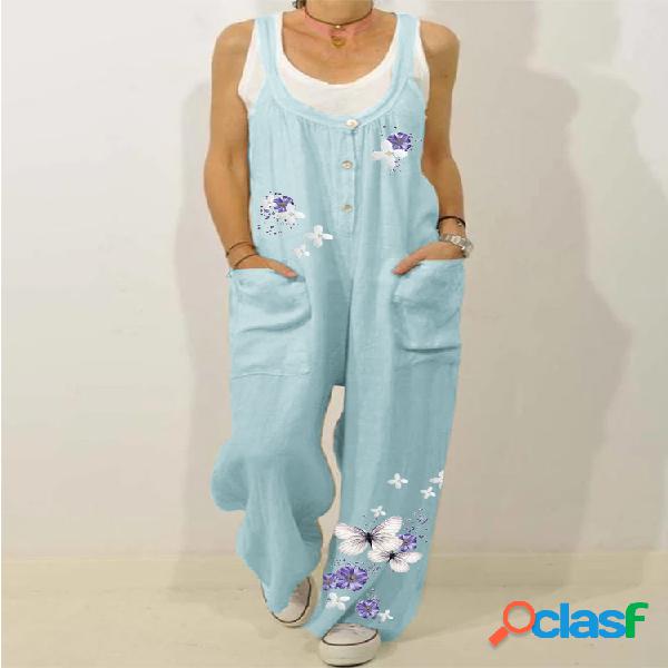Correias Borboletas Flor Imprimir Solto Casual Jumpsuit Para