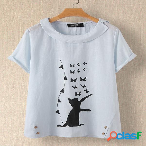 Cute Cat Bell Imprimir O-pescoço Overhead T-shirt de manga