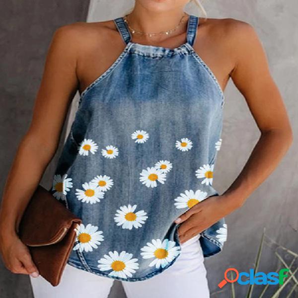 Daisy Floral Print Halter Denim Regatas Para Mulheres