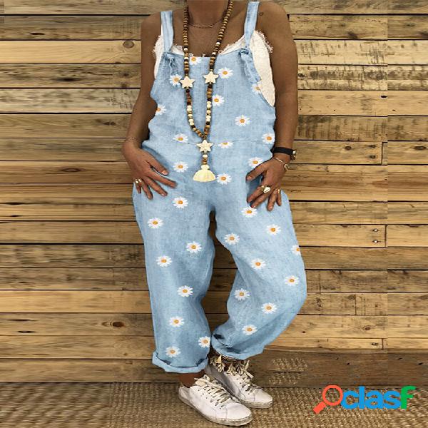 Daisy Print Strap ajustável Casual Plus Macacão de tamanho
