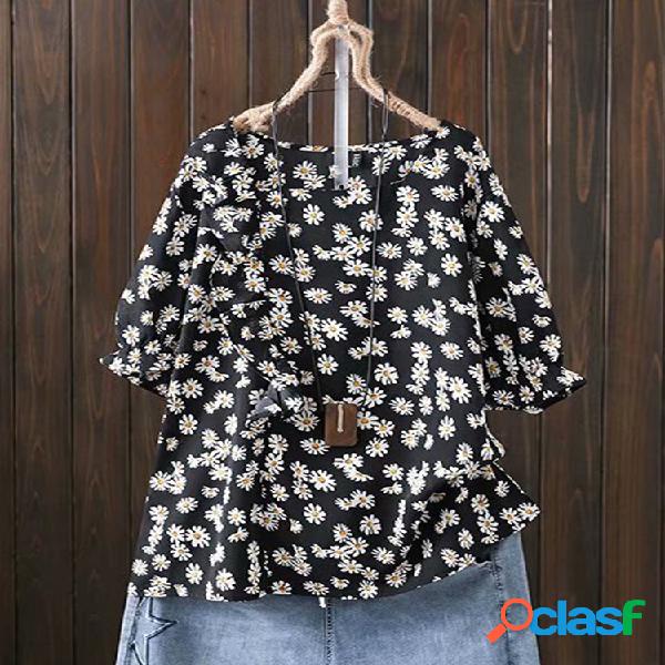 Dasiy Print Elastic Cuff O-pescoço Plus Blusa Tamanho