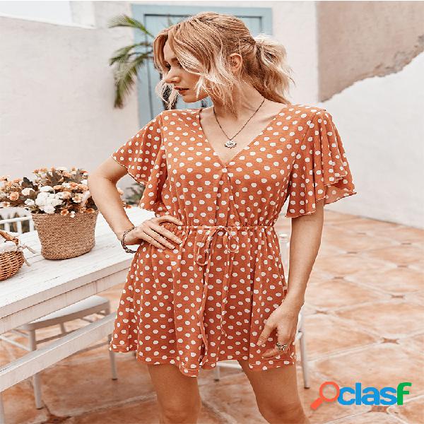 Dot Print Ruffled Sleeves Jumpsuit Casual com decote em v