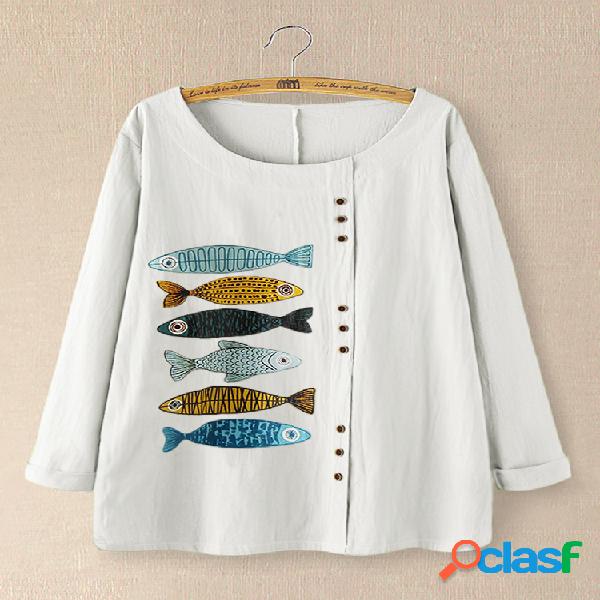 Fish Print Patched Casual mangas compridas O-Neck Cotton
