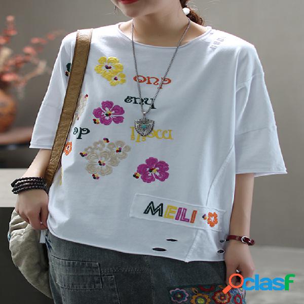 Floral Bordado O-Neck Meia manga T-shirt Para Mulheres