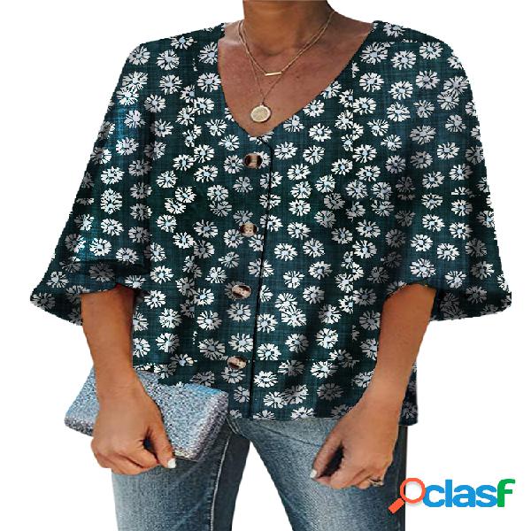 Floral Impresso Meia Manga Blusa Com Botão
