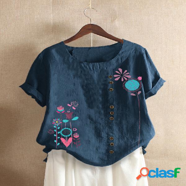 Floral Impresso O-Neck T-shirt de botão de manga curta para