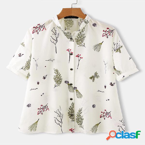 Floral Leaves Print manga curta Casual Camisa para mulheres