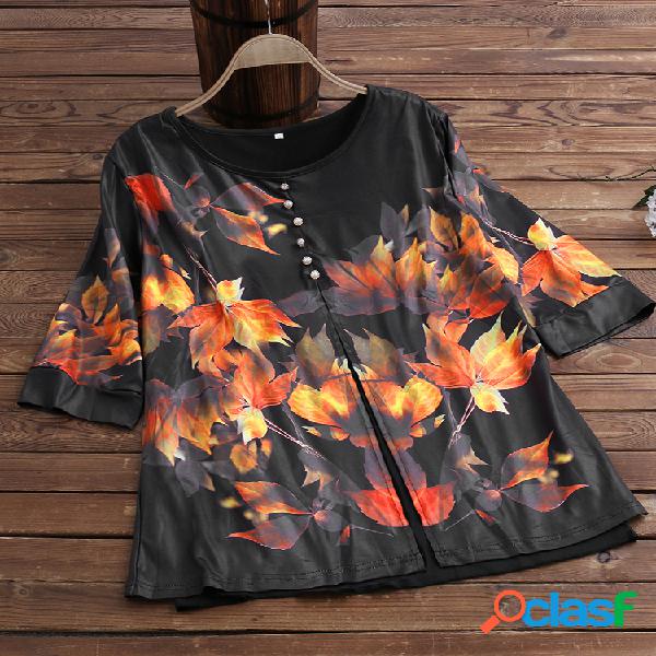 Folhas vintage imprimir blusa de camadas de botão de