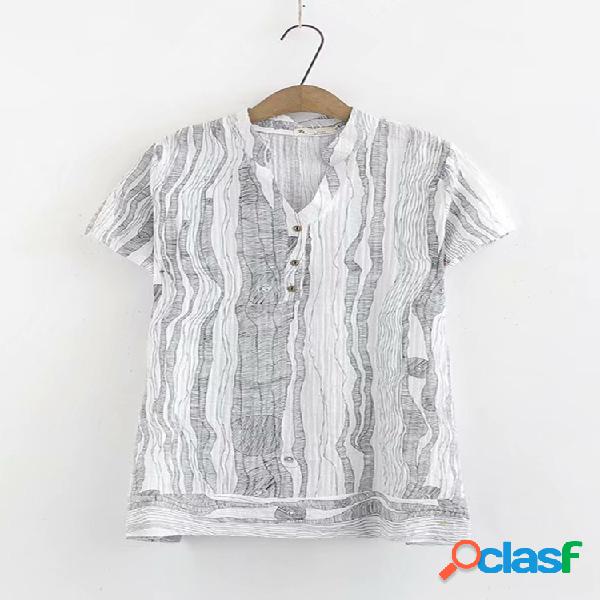 Gola Listrada Manga Curta Plus Tamanho Camiseta