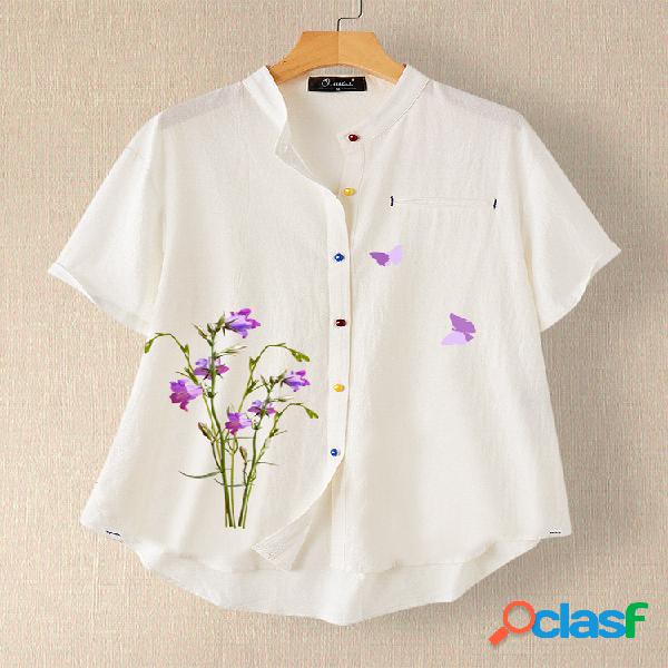 Gola de cor sólida de impressão Plus Tamanho Camisa