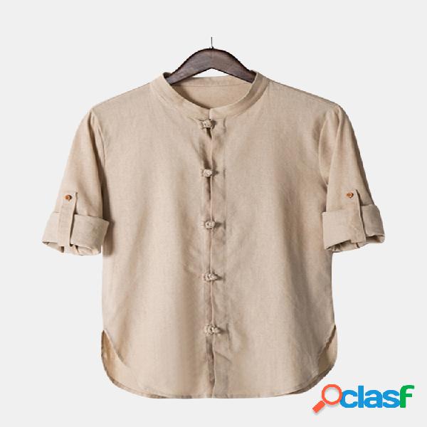 Gola dobrável de linho estilo chinês solto Camisa para