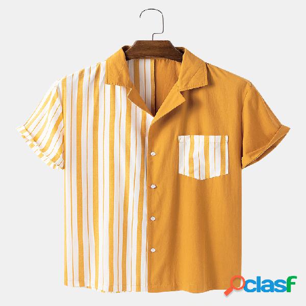 Homens 100% Algodão Listrado Patchwork Casual Loose