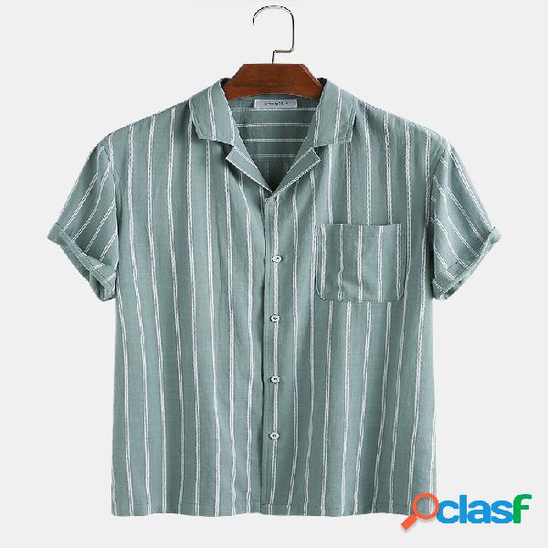 Homens 100% Algodão Stripe Chest Pocket Holiday Casual