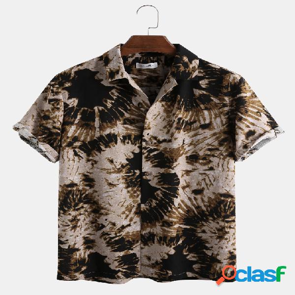 Homens 100% Algodão Tie-Dye Print Casual Loose Lapel Manga