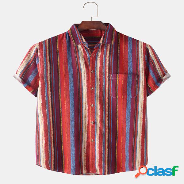 Homens Algodão Linho Vintage Listrado Casual Camisa