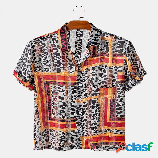 Homens Geometric Mixed Leopard Print Light Casual Camisa