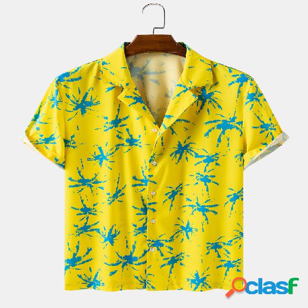 Homens Graffiti Coco Palm Print Praia Lapela Casual Camisa