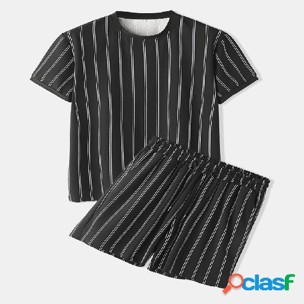 Homens Listrado Preto Pijamas Manga Curta Casa Soft