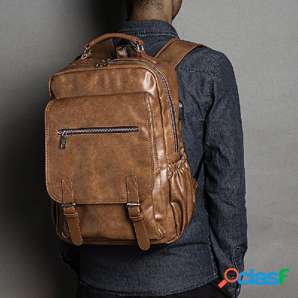 Homens PU Couro Funcional Mochila Universal Laptop Mochila