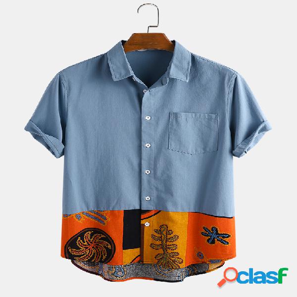 Homens algodão étnico impresso patchwork casual Camisa