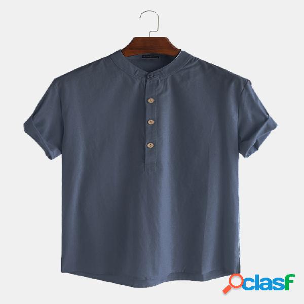 Homens linho algodão retro sólido casual henley Camisa