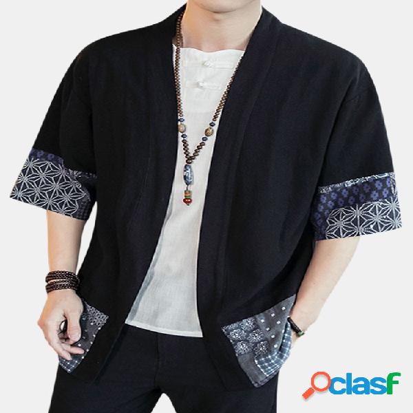 Homens Étnicos Design Patchwork Loose Fit V Neck Jackets