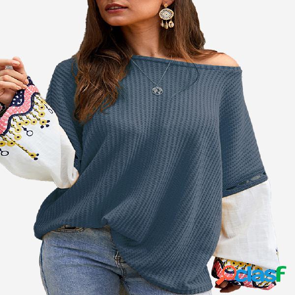Imprimir Patchwork manga comprida O-neck Sweater For Women