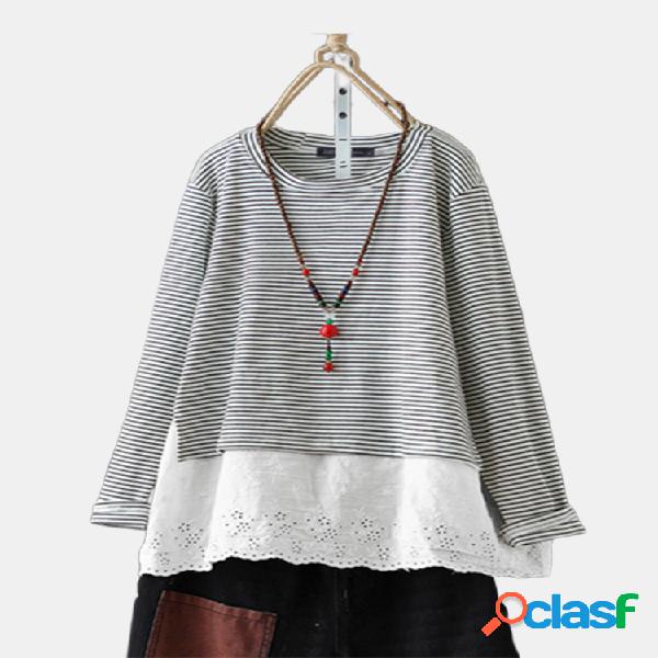 Laço listrado bordado remendado blusa de algodão de