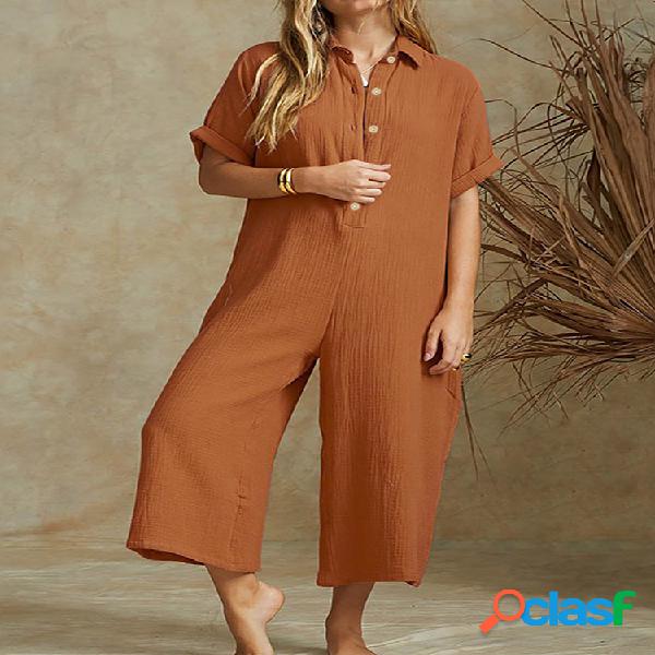 Lapela de botão de manga curta casual Plus Jumpsuit de