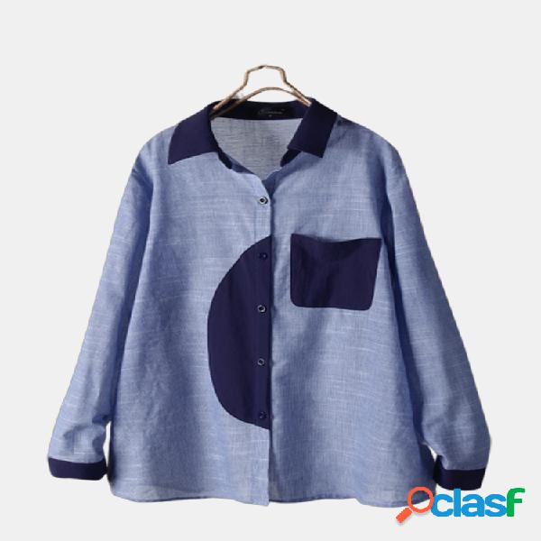 Lapela de retalhos manga longa Plus tamanho Camisa para