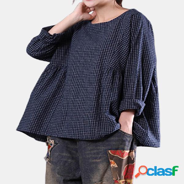 Loose Blusa Axadrezada Feminina Manga Longa Gola Redonda