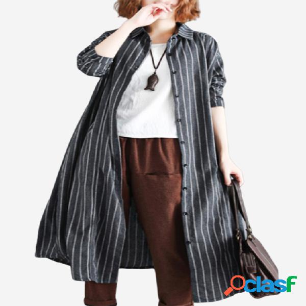 Loose Stripe Print Button manga comprida casacos casuais
