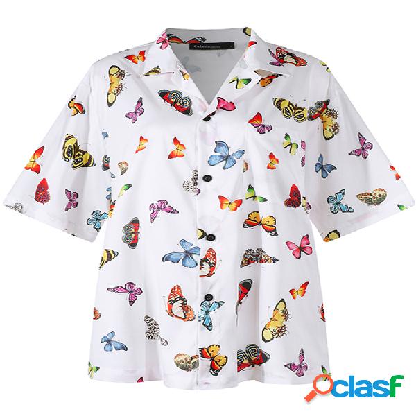 Manga curta com estampa borboleta Plus Tamanho Camisa