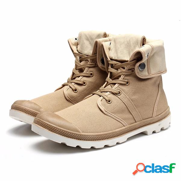 Men Canvas Button Folded Pure Color High Top Lace Up Casual