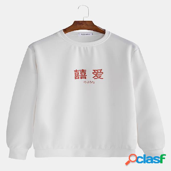 Men Chinese Character Love Print Camisola de manga comprida