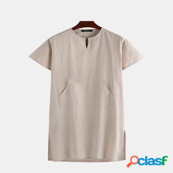 Men Cotton Linen Sleepwear Robe Kaftan de manga curta