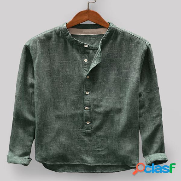 Mens Algodão Vintage Sólido Casual Manga comprida Henley