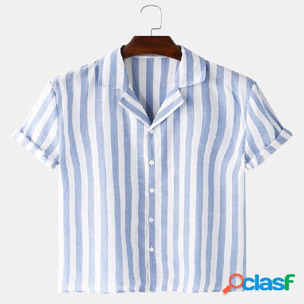 Mens Basic Stripe respirável Revere Collar Camisas de manga