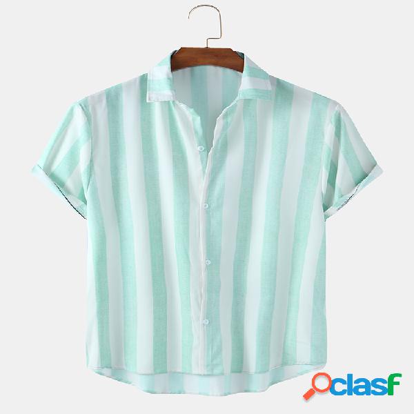 Mens Basic Striped Printed Respirável e fina manga curta