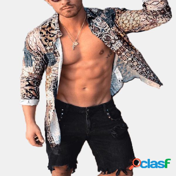 Mens Bohemia Floral Casual Botões Turn Down Collar Camisa